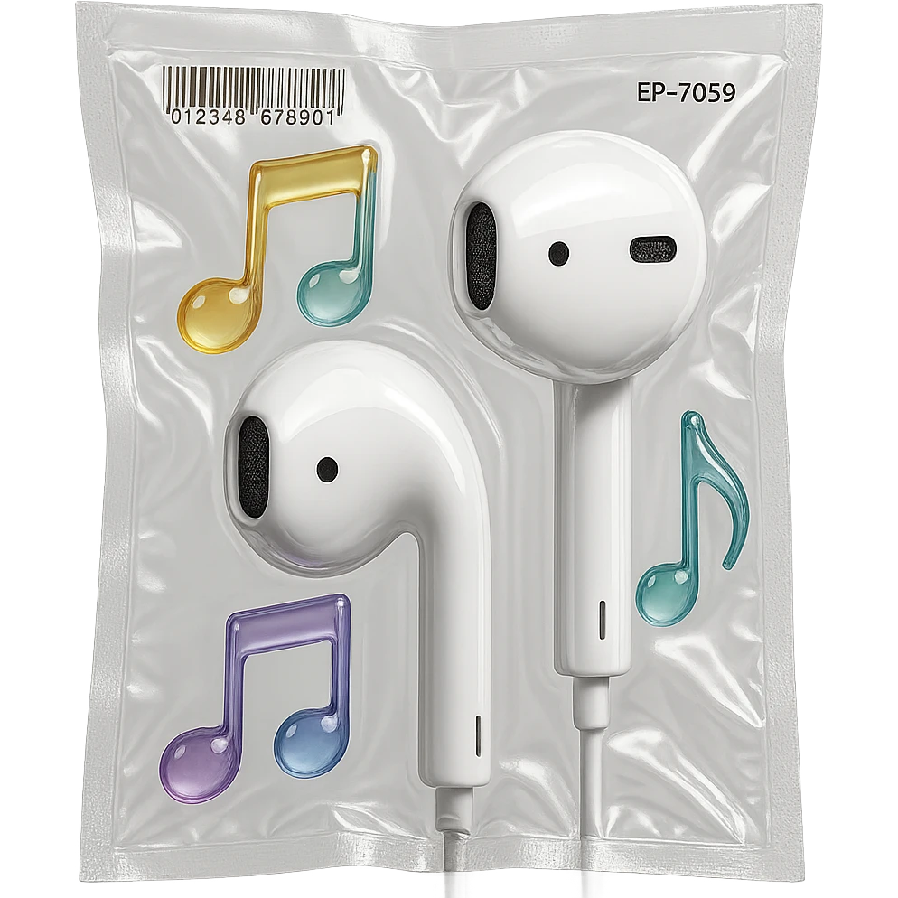 pair of white EarPods with three floating glass music notes in soft gradient colors, glossy and inflated emoji