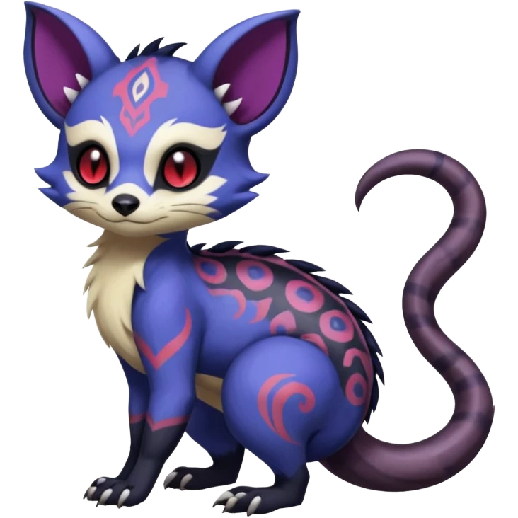 Rare warm-colored exotic gloomy tropical edgy cute epic aesthetic spooky indigo purple white black red gothic colorful Salandit-Furret-Espurr-Meowstic-Civet-species-Fakemon-hybrid-creature, with tribal tattoo markings, full body emoji