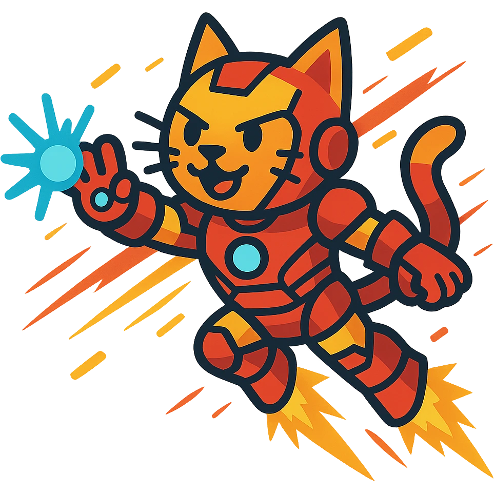 a heroic cat with Iron Man armor, flying with repulsor beams, energetic scene emoji