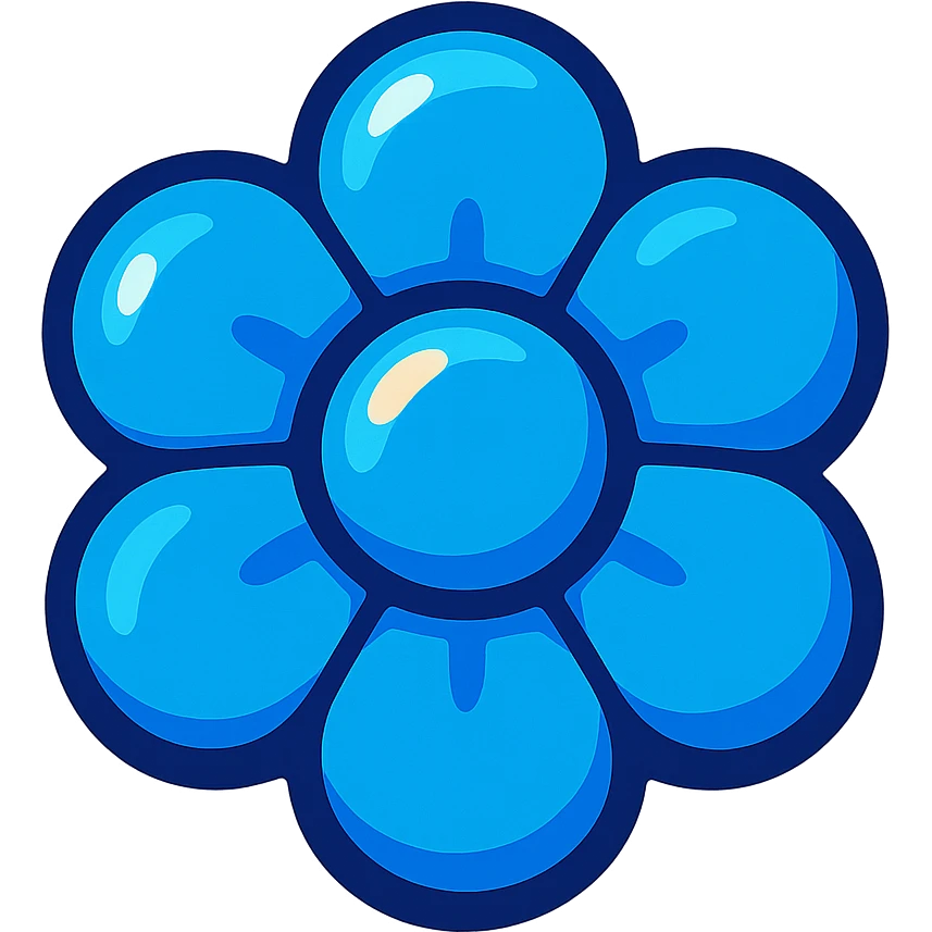 blue flower-shaped candy, isolated on a transparent background, vibrant toon style emoji