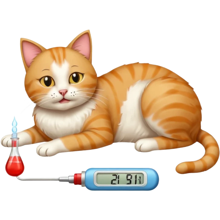 cat with thermometer in mouth, lying on its back, sick emoji