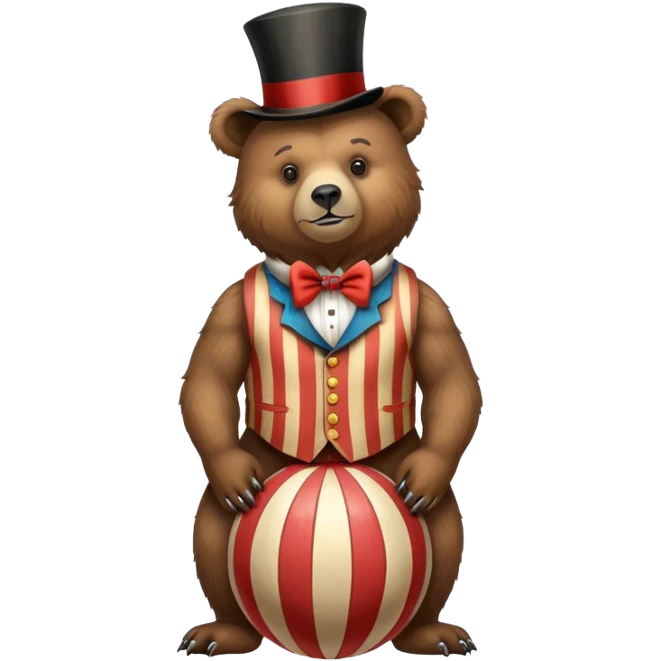 Vintage circus grizzly bear standing on striped ball wearing vest and top hat emoji