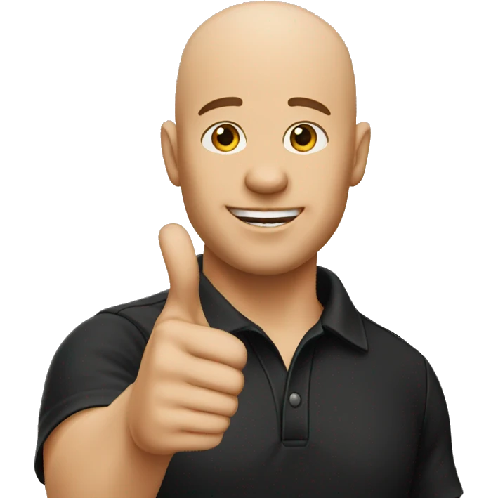 bald man pointing in front wearing a black cap and black polo emoji