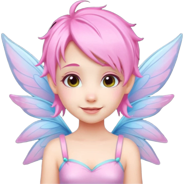 A tiny pastel fairy with pink hair with glowing wings and a sweet smile  emoji