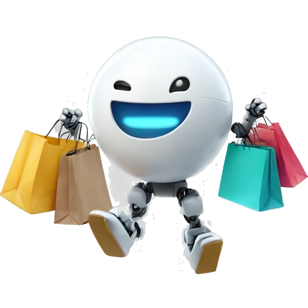 cute white floating spherical happy robot with floating shopping bags emoji