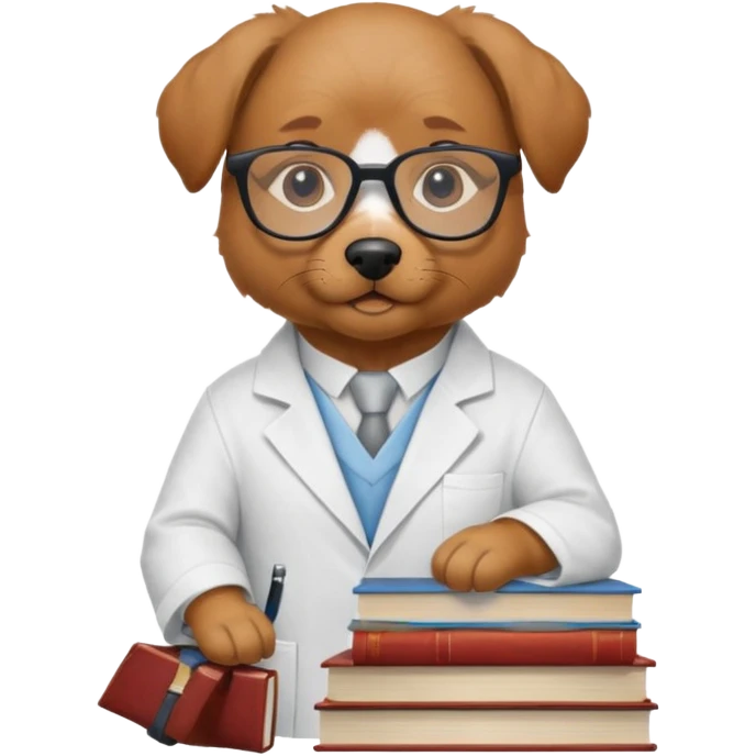 Wise dog with glasses, wearing a lab coat, perched on a stack of books. emoji