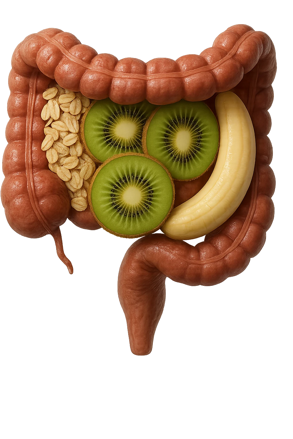 avena, kiwi e banana all'interno di un colon umano anatomico realistico, iperrealistico 4k emoji