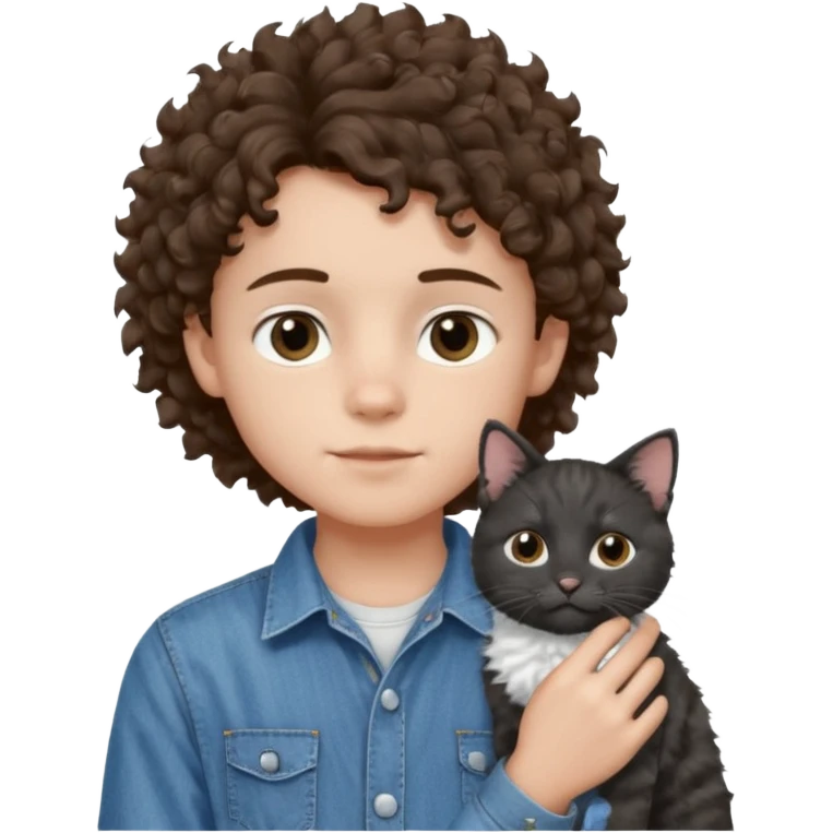 Apple emoji of a curly hair and dark brown eyes 13 year old boy with denim shirt and overalls with a black and white cat emoji