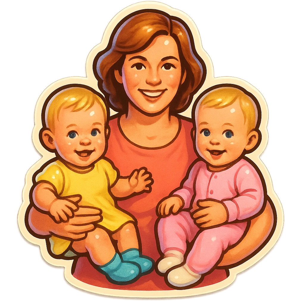 two one-year-old twin girls with short light hair sitting on the arms of their mother, pastel clothing, retro stickers style, soft light, different poses emoji