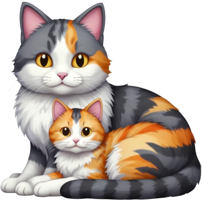full body large dark grey and white cat cuddling a colourful light patched calico + white tabby cat  emoji