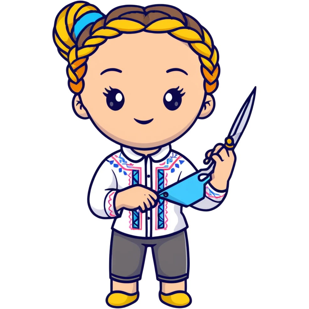 Ukrainian young girl with braided hair wearing a white embroidered traditional shirt (vyshyvanka) holding scissors and colorful craft paper emoji