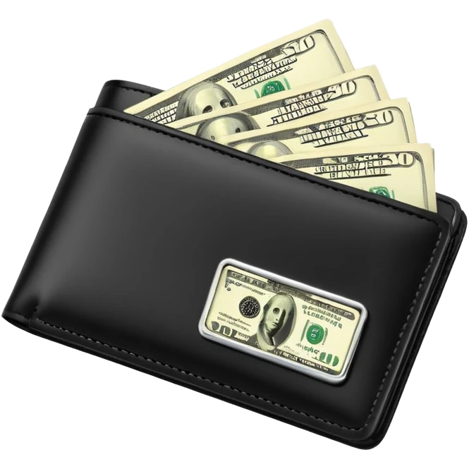 Rich emoji style black leather wallet with dollar bills, luxury money vibe, premium 3D emoji, ultra clean, high detail, no background
 emoji