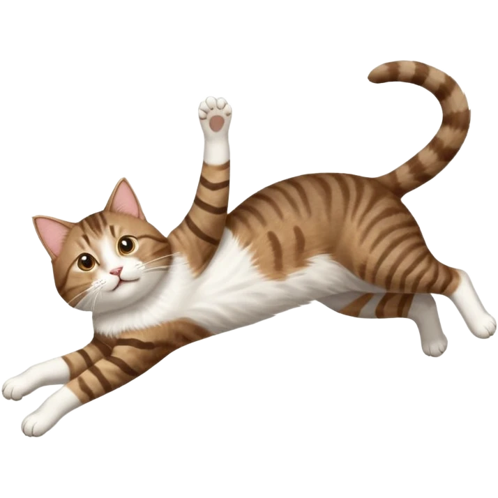 brown tabby and white cat with doing a big extremely long stretch reaching up into the air with arms and legs side by side together straight and overextended whilst lying on its side emoji
