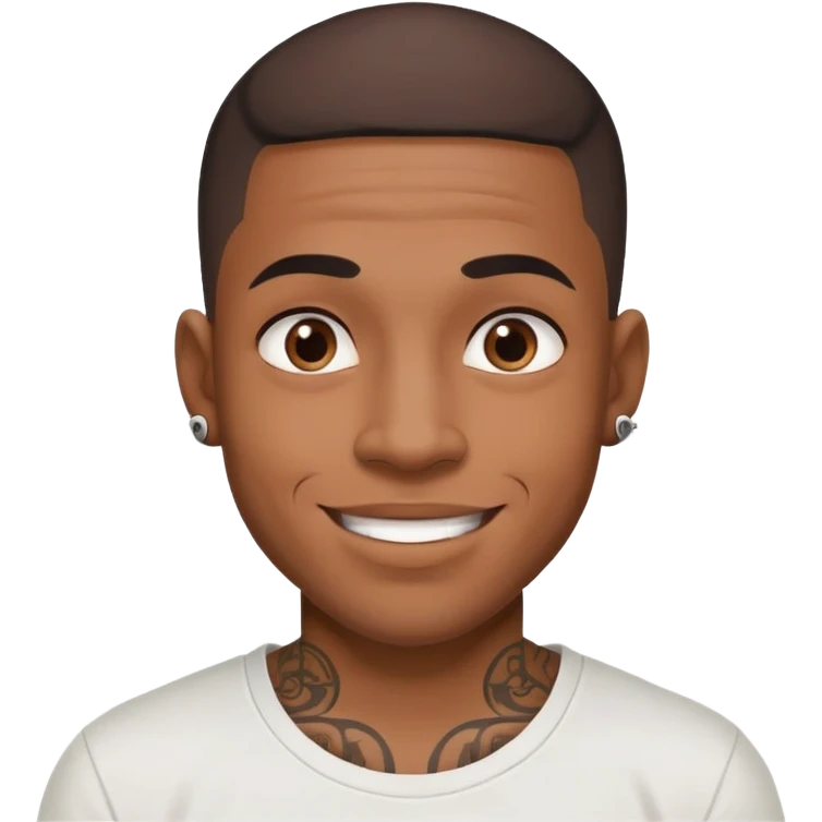 black man with small face tattoos, cheerful expression, wearing a t-shirt emoji