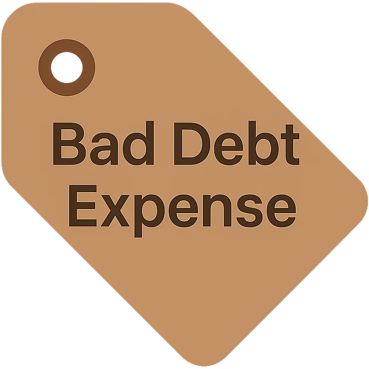 brown price tag icon with 'bad debt expense' in bold clear lettering emoji