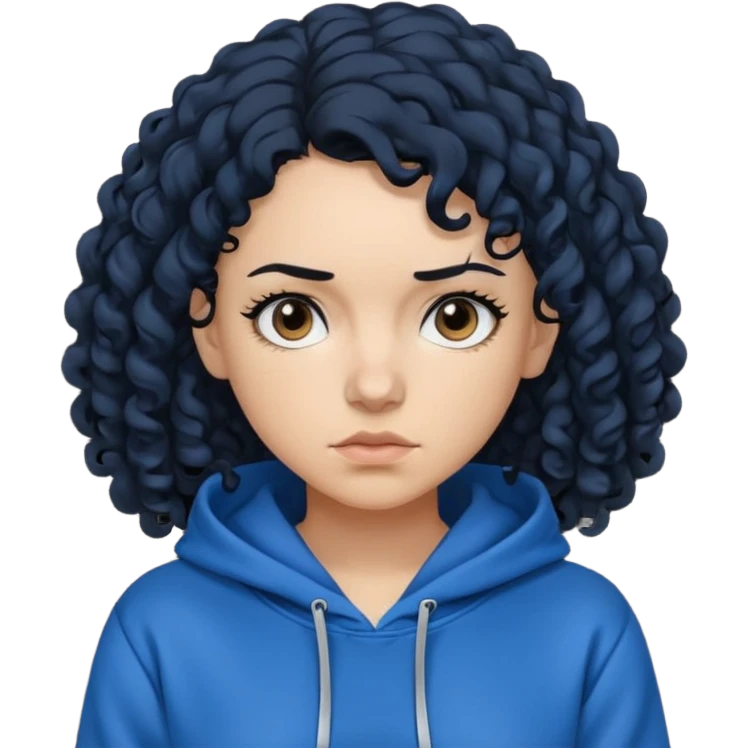 A woman with curly black hair, wearing a blue-black hoodie, and a slightly serious expression on her face. emoji