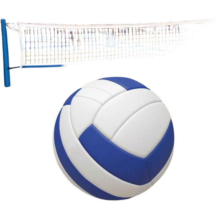 A close-up of a volleyball on the court, with the net in focus and the court markings visible. The background shows the stands filled with spectators, creating an energetic atmosphere of a volleyball match, with attention to detail on the equipment and the surrounding environment. emoji