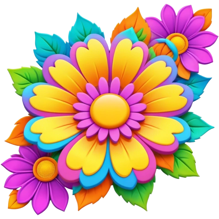3D, psychedelic colored banner with hippie style flower border emoji