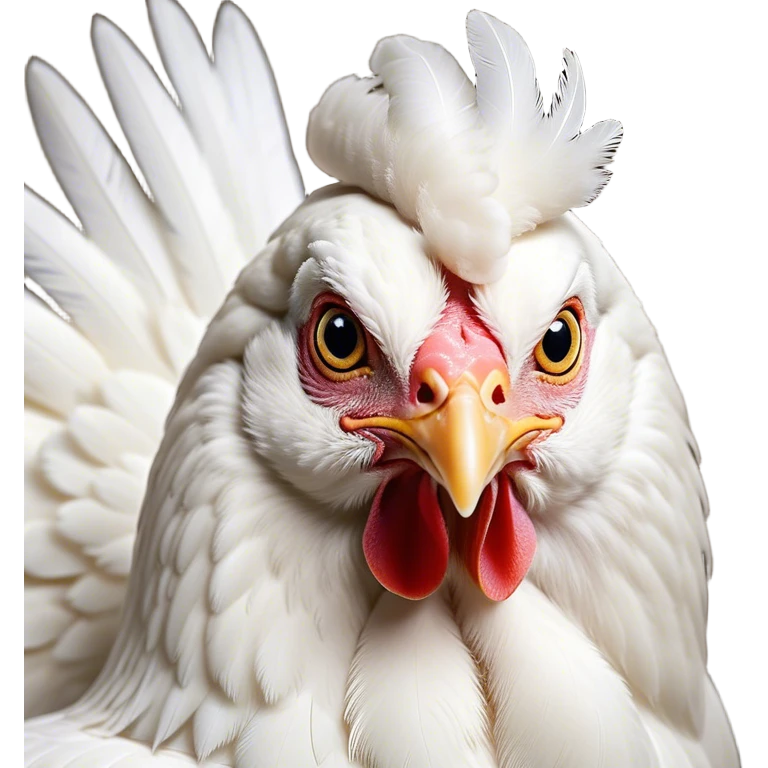 Cinematic Noble White Chicken Portrait Emoji, Poised and regal, with a compact, sturdy build and a pristine, well-groomed pure white plumage, deep-set soulful beady eyes, Simplified yet sharp and sophisticated features, highly detailed, glowing with a soft, dignified glow, high shine, intelligent and alert, stylized with an air of barnyard elegance, focused and attentive, soft glowing outline, capturing the essence of a watchful and confident fowl, so majestic it feels as though it could strut out of the screen with effortless authority! emoji