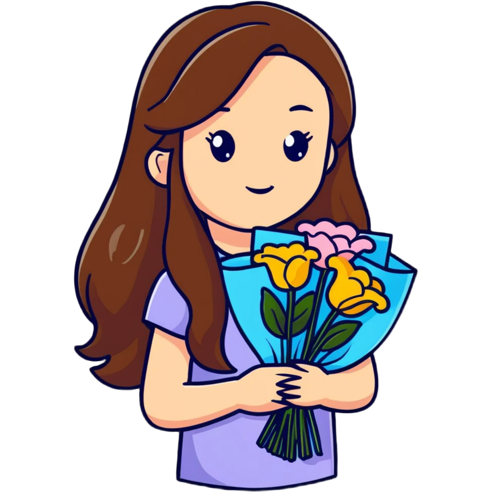 cool girl with long brown hair and fair skin holding a bouquet of flowers, stylish emoji