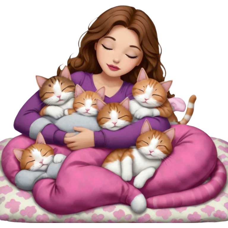 girl with long wavy brown hair, brown eyes, long lashes makeup, sexy pink lips, light to medium complexion,  sleeping on a cozy pillow, with 6 cats: 1 brown and white tabby cat, 1 ginger and white, 2 grey and white, 1 grey with white mittens and small white patch on chest and 1 calico, sleeping emoji