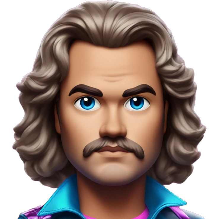 Synthwave Jack Black in Barbie style, oil paint, epic eyes, intricate lips, exquisite pose, beautiful, desirable, logical emoji