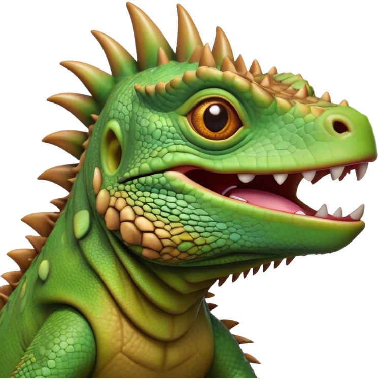 Cinematic Comical Iguana Portrait Emoji, Head tilted dramatically with an exaggeratedly shocked expression, featuring a robust, textured body with a quirky, spiky crest and wide, comically expressive eyes full of playful disbelief, Simplified yet hilariously expressive features, highly detailed, glowing with a slightly sassy jungle glow, high shine, dramatic yet playful, stylized with an air of quirky reptilian mischief, soft glowing outline, capturing the essence of a meme-worthy iguana that looks ready to side-eye its way into viral fame! emoji