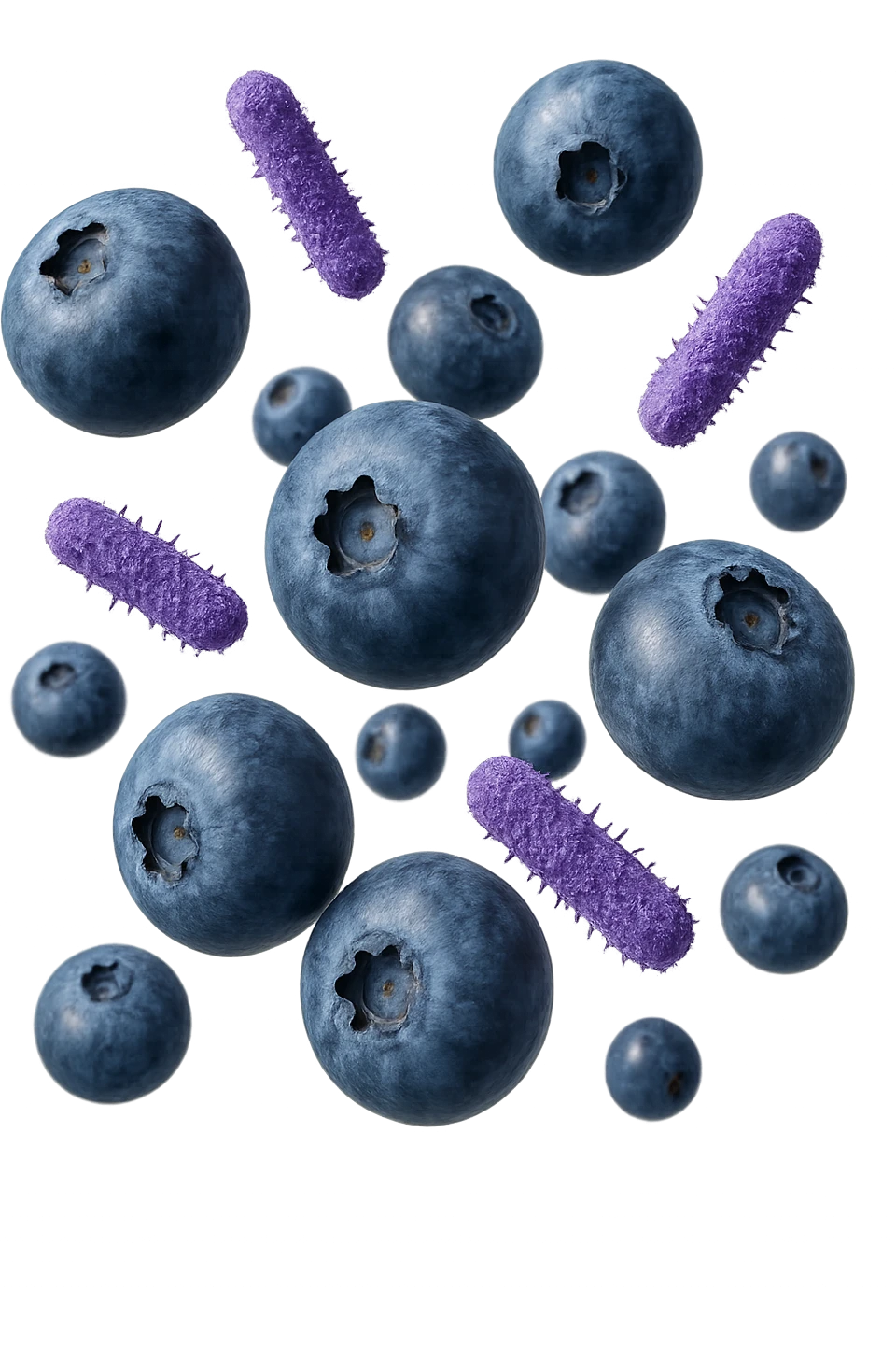 mirtilli fluttuano in aria insieme a 6 batteri intestinali viola, iperrealistico 4k emoji