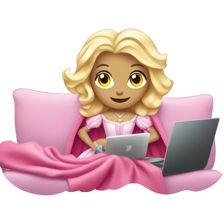 White and blonde Glinda from wicked in her pink dress with scepter has fever coverd by a blanket on the couch with laptop on her legs emoji