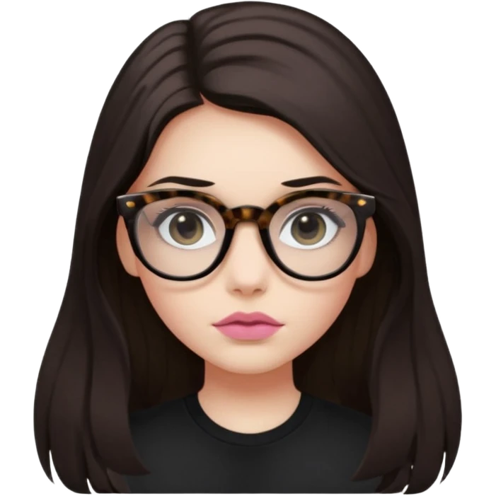 The girl with dark long hair divided in the middle of the head, white skin, black eyes, wearing black shirt and tortoise framed glasses. The mounth is light old pink. emoji