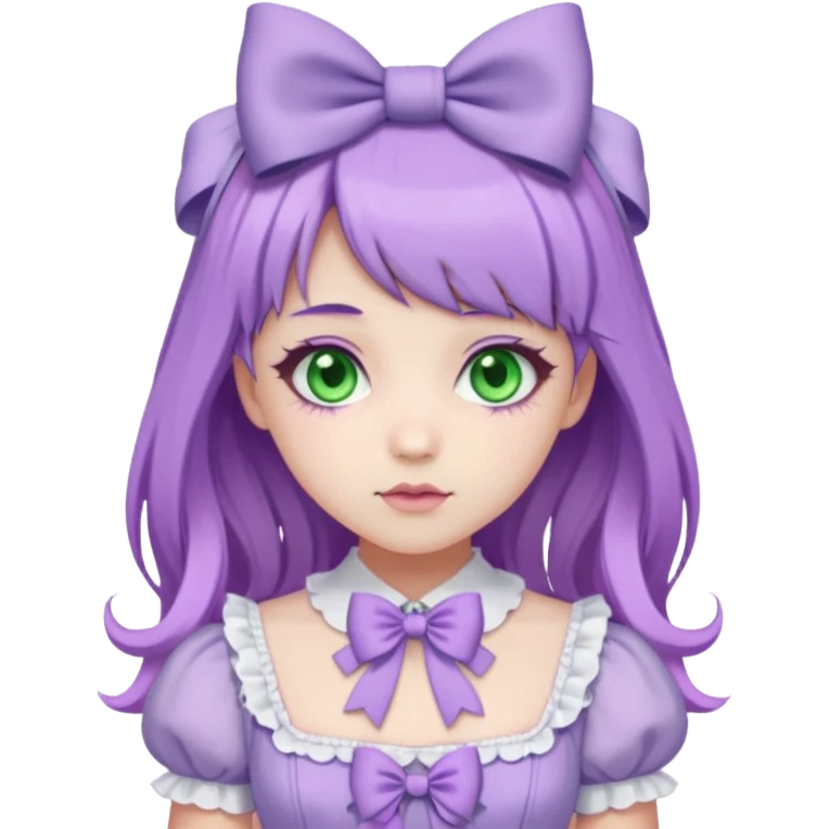 sweet lolita with pastel purple hair, green eyes, white skin, wearing a lilac dress with purple bows emoji