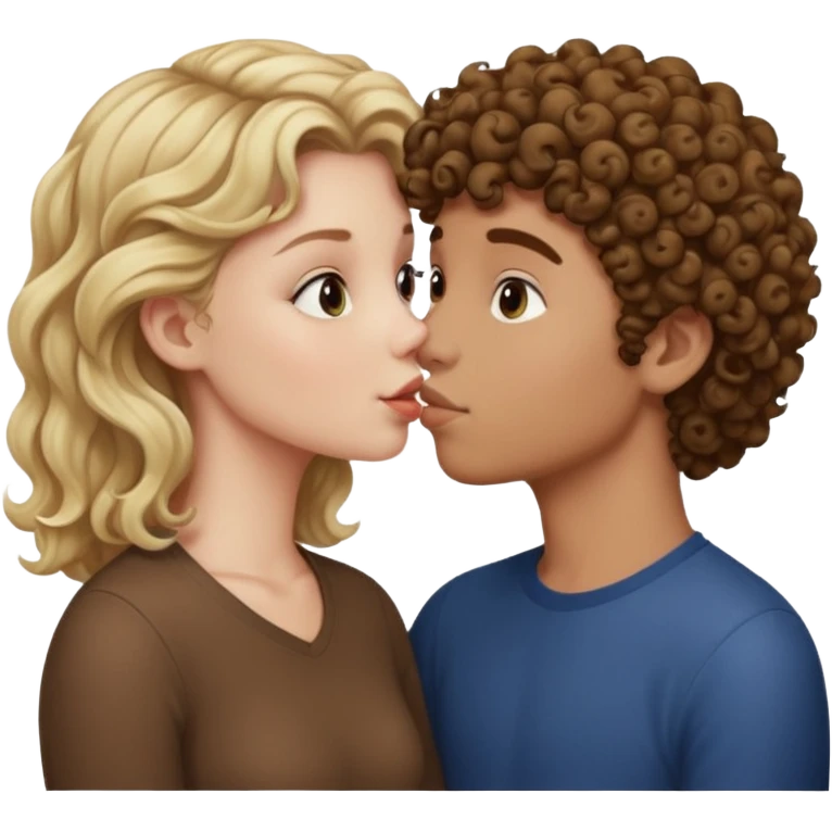Blonde white girl kissing brown curly hair boy emoji
