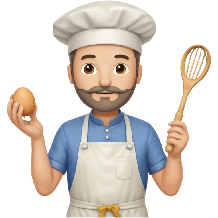 Middle aged male pastry chef - with a small beard, apron, white hat, holding an egg beater in his right hand, and his left hand naturally hanging down to his side emoji