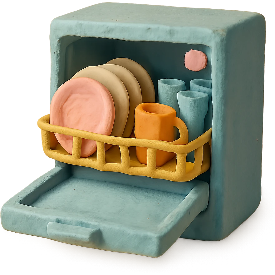 claymation style dishwasher with open door and clean dishes inside, pastel colors, visible fingerprints, soft matte finish emoji