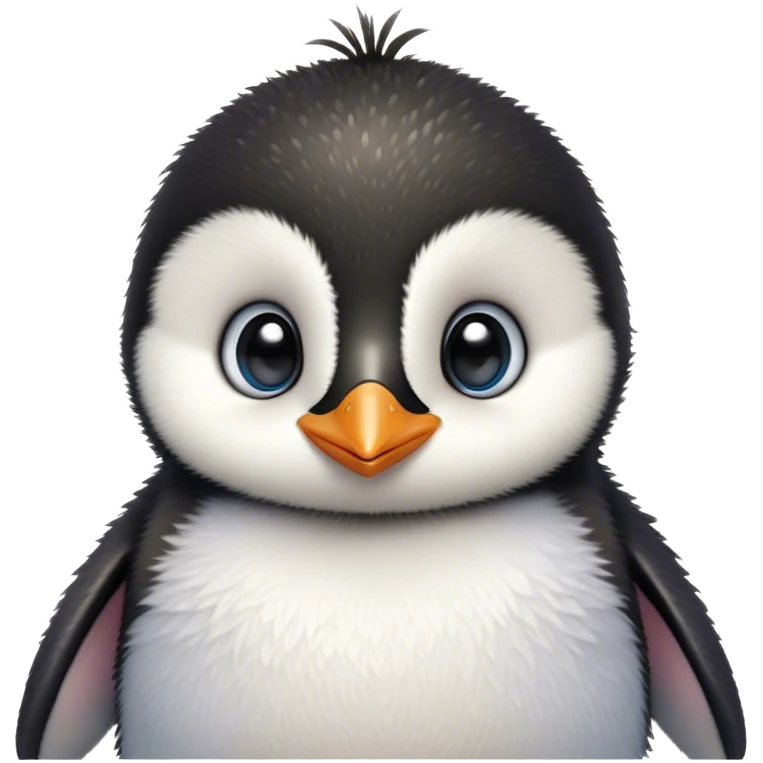 Cinematic Cute Baby Penguin Portrait Emoji, Head tilted playfully and inquisitively, with irresistibly fluffy plumage accented by a tiny beak and round, sparkling eyes filled with wonder, Simplified yet irresistibly adorable features, highly detailed, glowing with a warm, friendly polar glow, high shine, affectionate and lively, stylized with a touch of whimsical charm, bright and endearing, soft glowing outline, capturing the essence of a mischievous yet loving penguin that feels like it could slide out of the screen into your arms! emoji