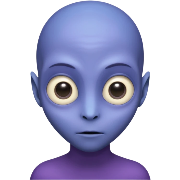 Portrait of an alien with smooth purple-blue skin, large black oval eyes, small nose, and no visible ears, elongated head, front-facing, wearing brown t-shirt, soft glow, simple futuristic design emoji