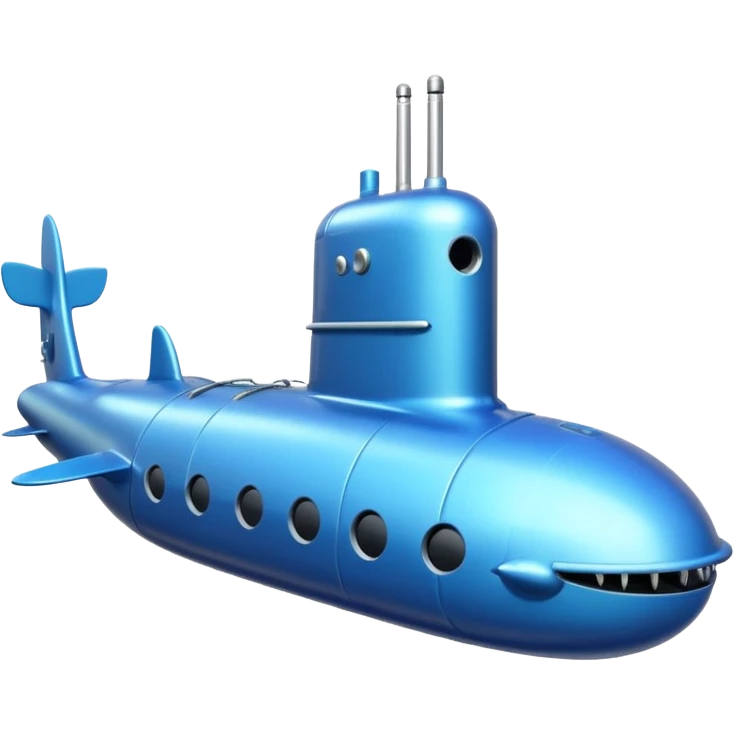 A sleek blue military-style submarine with fins and sonar dish.















 emoji