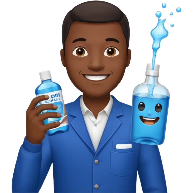 Smiling Black man, one hand with dark blue mouthwash, other with whiskey, sparkling teeth, emoji style emoji