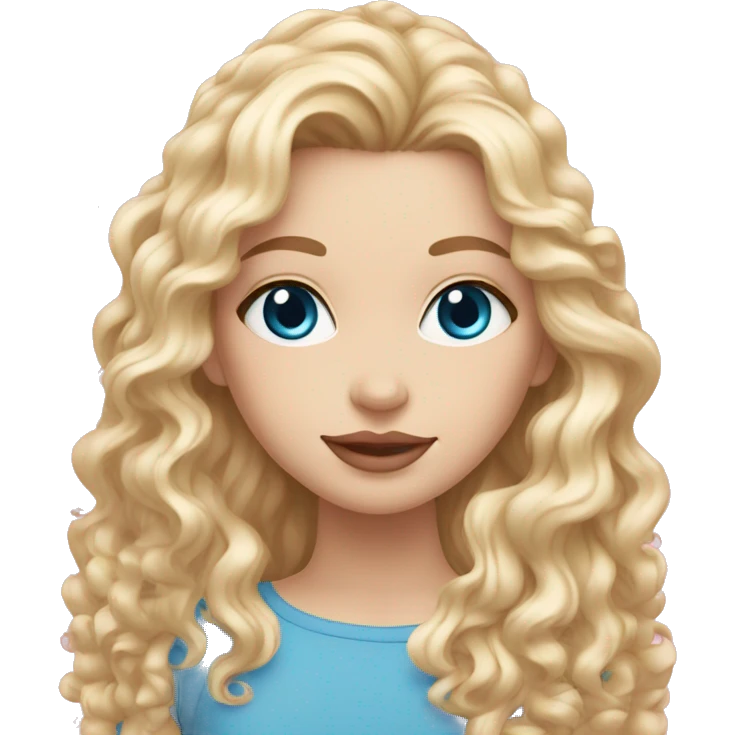 White girl 🧝🏻‍♀️, blue eyes, blond very long curly hair, pink lips. Background long emoji