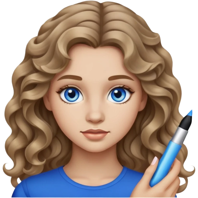 Teen girl, dark blond wavy hair, blue eyes, makeup emoji
