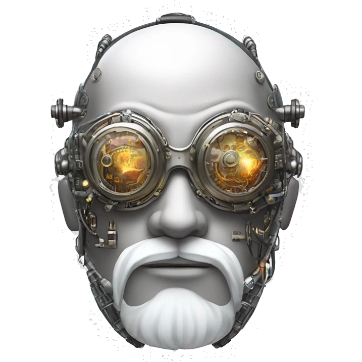 Bald cyborg head with silver steampunk goggles, white beard and circuits emoji