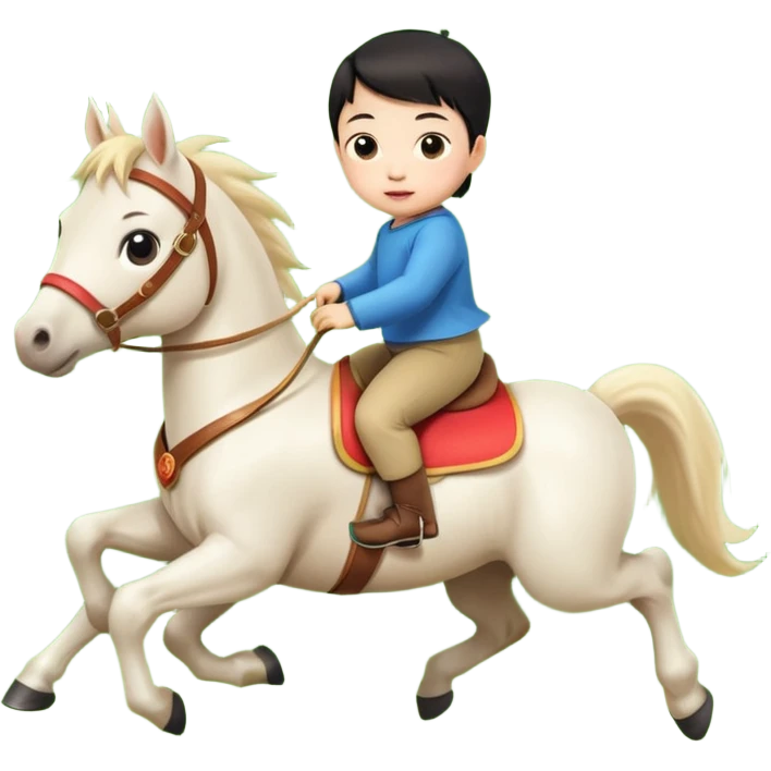 l little chinese baby riding on a  cute horse running really fast on the grass with 2026 year's label emoji