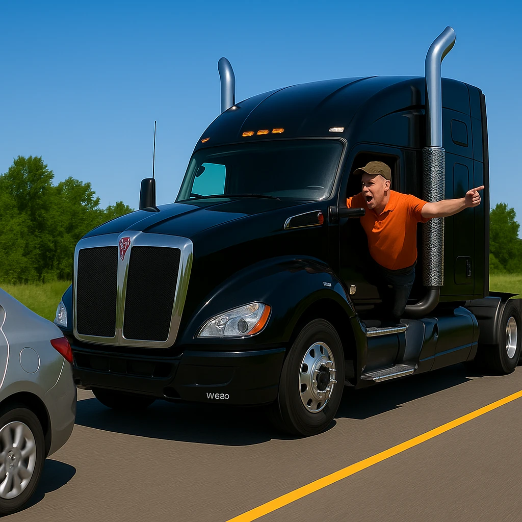 Zoom the scene out so the view is a little farther away, showing more of the road and both vehicles. Keep the black Kenworth W680 semi with chrome stack, angry bald driver in orange shirt and baseball cap, arm out the window, following a car. Scene should remain bright and vibrant. emoji