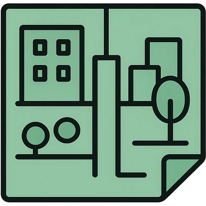 Skeuomorphic sustainable city planning icon with mint green #B5F4D3 and black #111111 color scheme, showing an architectural blueprint with buildings and green spaces, clean symmetric design with subtle depth and soft light emoji