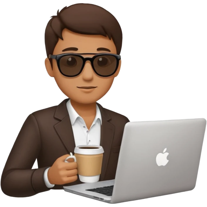 man wearing sunglasses holding a coffee cup and working on a laptop emoji