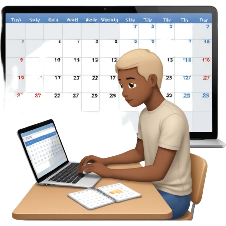 weekly calendar next to person working with unadjusting it with laptop emoji
