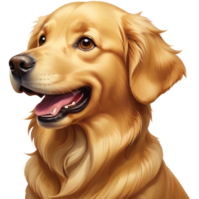 Cinematic Comical Golden Retriever Portrait Emoji, Head tilted dramatically with an exaggeratedly amused expression, featuring a vibrant golden coat with a lively sheen, wide, expressive brown eyes filled with playful disbelief, Simplified yet hilariously expressive features, highly detailed, glowing with a slightly sassy glow, high shine, dramatic yet playful, stylized with an air of cheeky mischief, bright and endearing, soft glowing outline, capturing the essence of a spirited and over-the-top companion, so meme-worthy it feels like it could side-eye its way into internet fame instantly! emoji