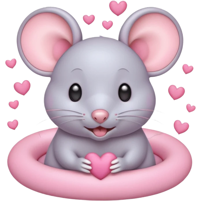 pastel cream cartoon mouse with large, round, pink-lined ears. The mouse has heart eyes, a small open mouth, and is surrounded by floating pink hearts, conveying a feeling of love, adoration, or strong affection. emoji