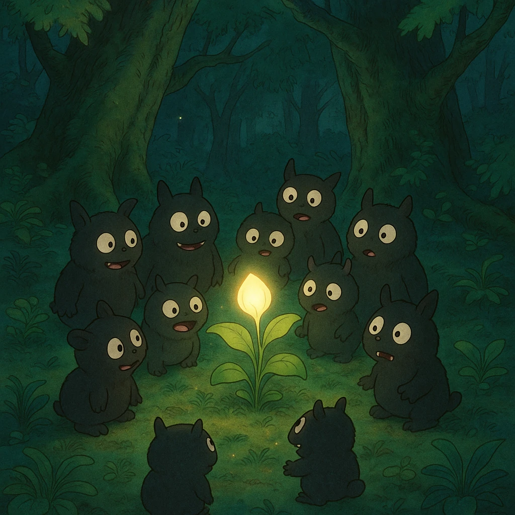 playful small monsters gathering around a glowing plant in enchanted woods in ghibli style emoji