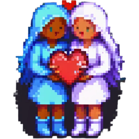 two figures hugging with a heart above them, soft colors, safe for work, pixel art style emoji